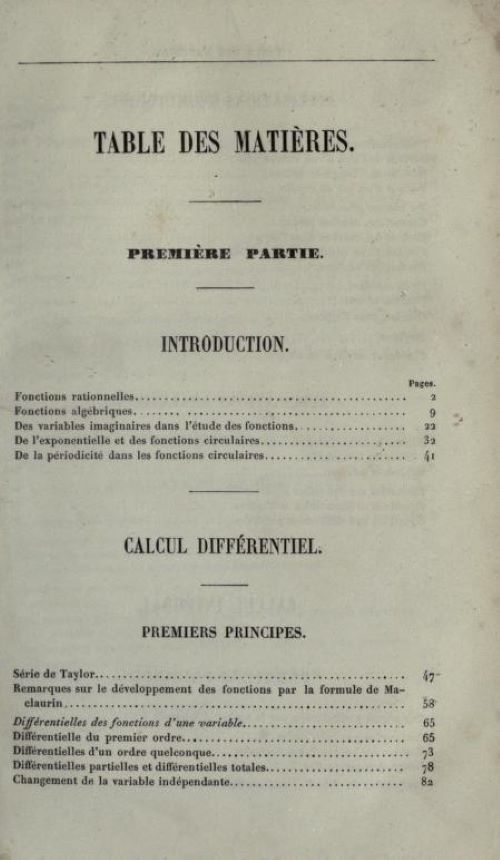 First page of table of contents of Cours d'Analyse by Charles Hermite, 1873