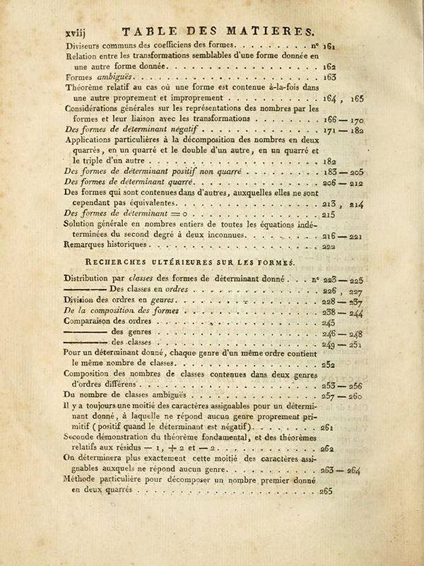 Third page of table of contents of Recherches Arithmétiques by Carl Friedrich Gauss, 1807