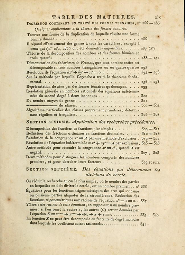 Fourth page of table of contents of Recherches Arithmétiques by Carl Friedrich Gauss, 1807