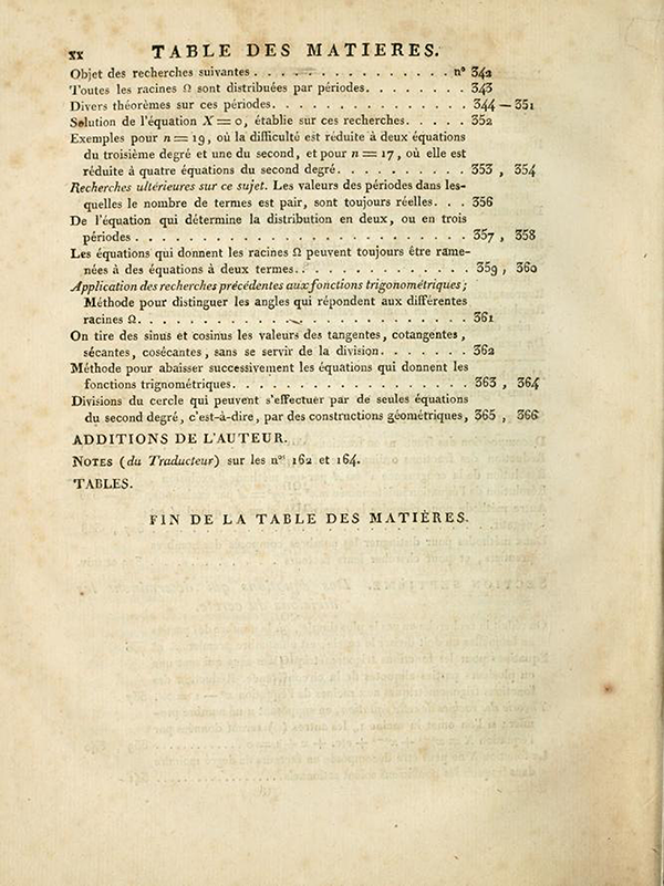 Fifth page of table of contents of Recherches Arithmétiques by Carl Friedrich Gauss, 1807