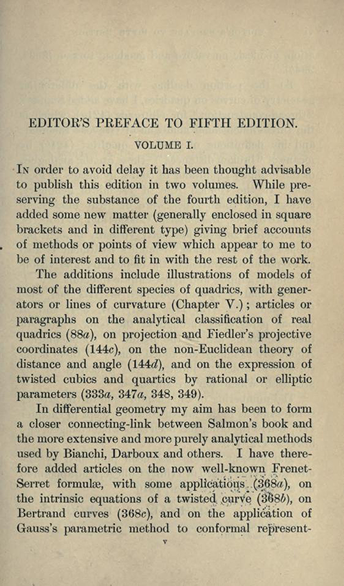 First page of Editor's Preface to Treatise on the Analytic Geometry of Three Dimentions by George Salmon, fifth edition, 1912