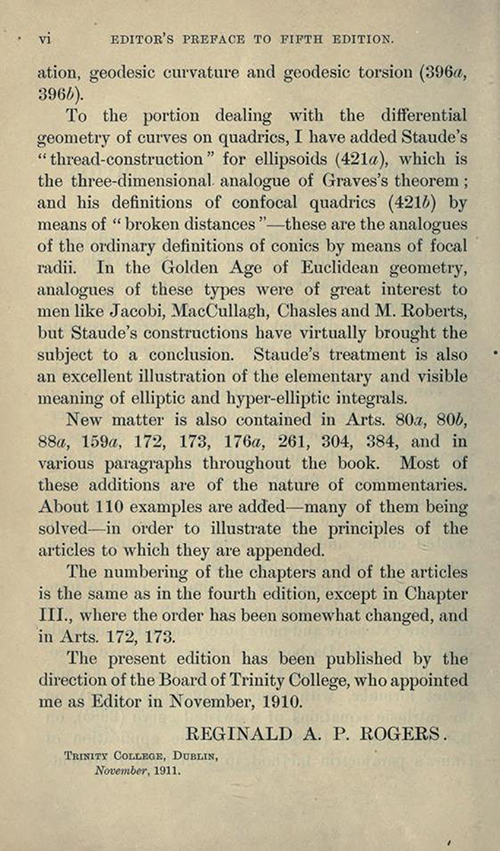 Second page of Editor's Preface to Treatise on the Analytic Geometry of Three Dimentions by George Salmon, fifth edition, 1912