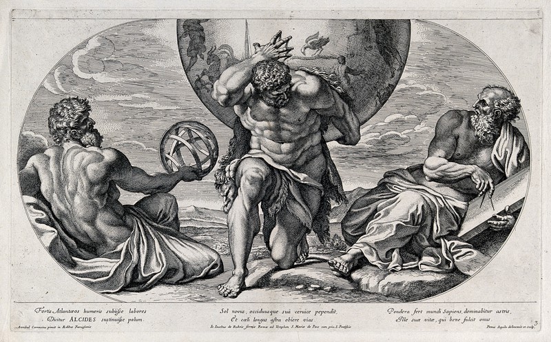 1674 engraving by Pietro Aquila showing Hercules with two philosophers.