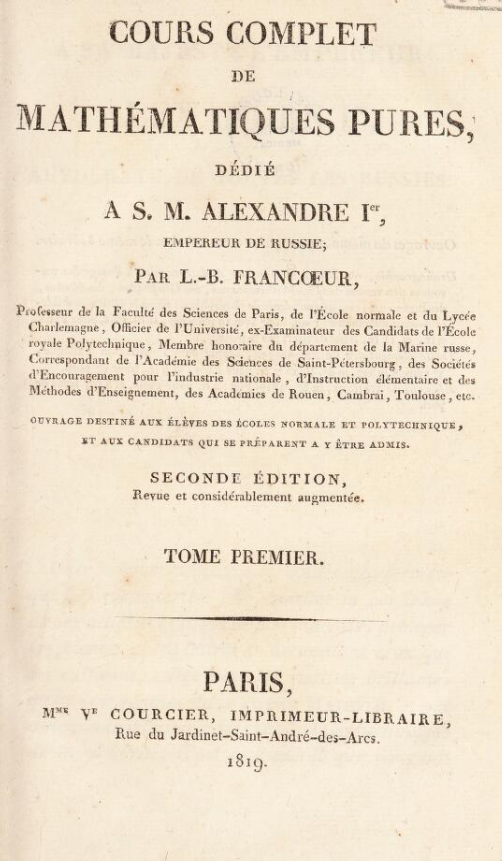 Title page of 1819 second edition of Francœur’s Cours Complet Mathématiques Pures.