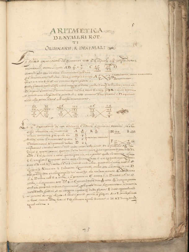 First page of a late 16th-century Italian manuscript on arithmetic.