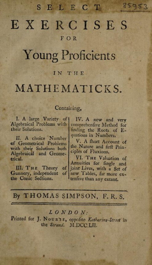 Title page of Thomas Simpson's 1752 Select Exercises for Young Proficients in Mathematicks.