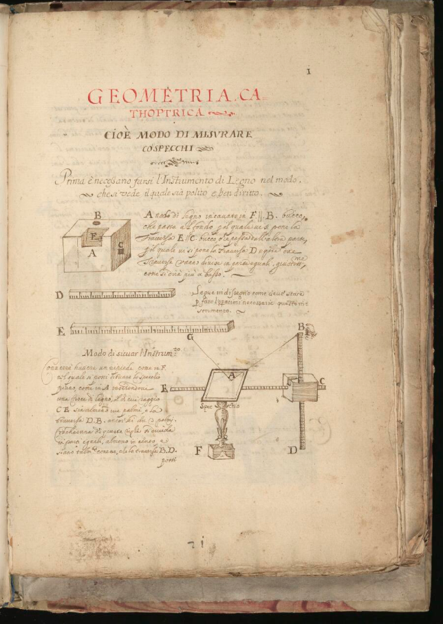 First page of 16th-century manuscript on geometry and reflective optics.