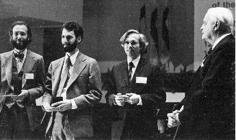 Pierre Deligne, Charles Fefferman, and Daniel Quillen receive the 1978 Fields Medals from Rolf Nevanlinna