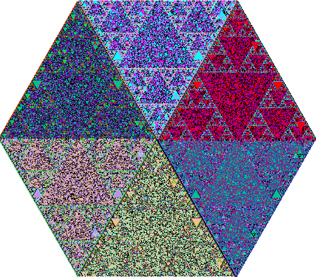 Hexagon made from six D3 PascGalois Triangles with different color associations