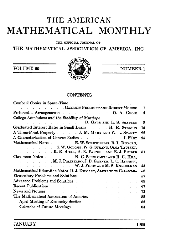 Original Cover of the January 1962 Issue of <em>The American Mathematical Monthly</em>