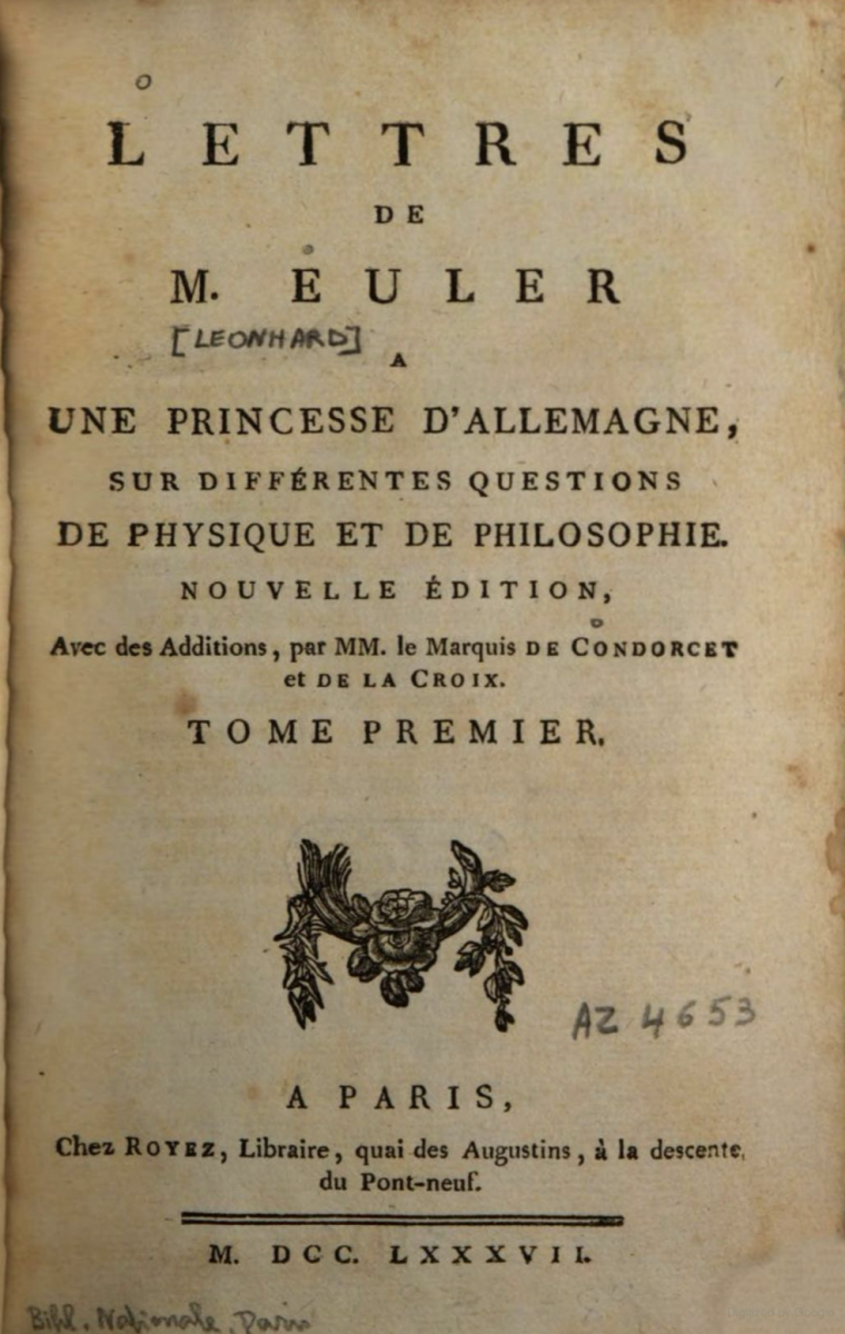 Title page to Letters to a German Princess, as edited by Condorcet and others in 1787.