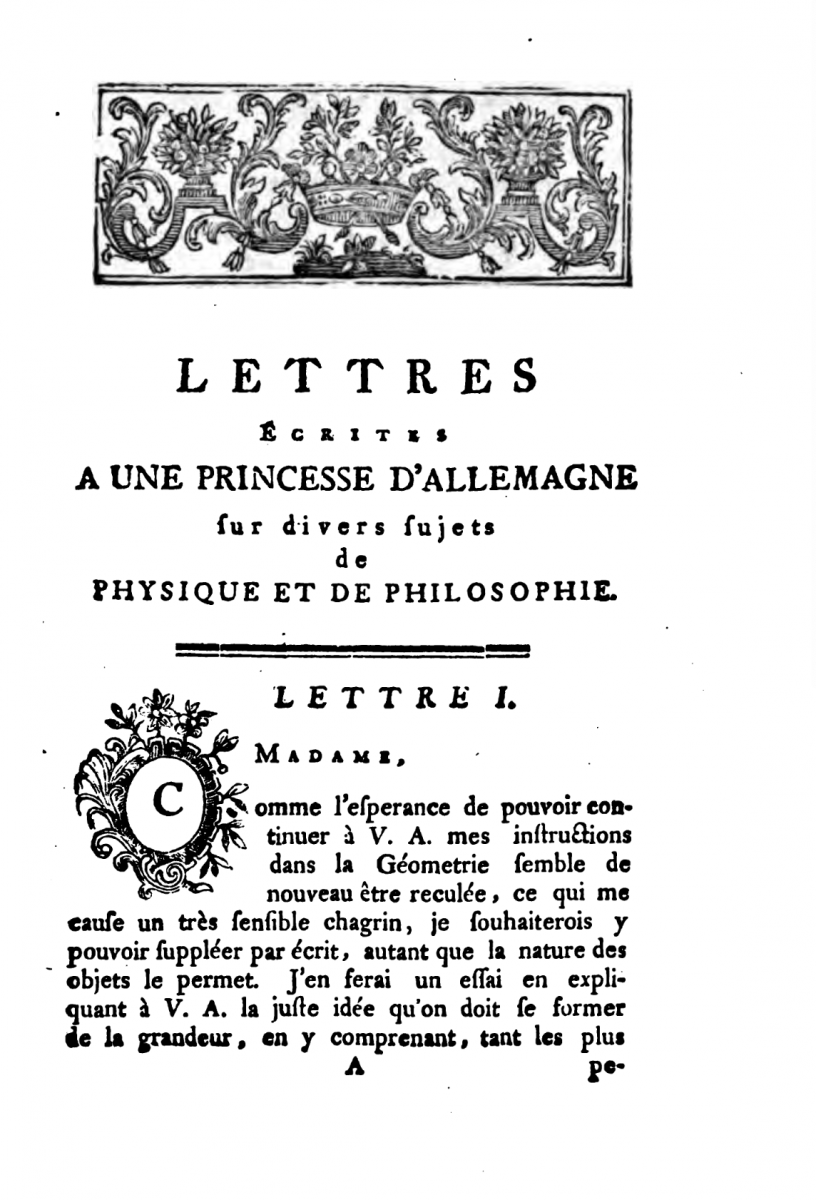 First page of Letter 1 in Euler's Letters to a German Princess (1768).