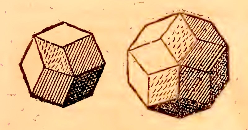 Drawings of a rhombic dodecahedron and a rhombic triacontahcdron, from Harmonices Mundi Book II, p. 61.