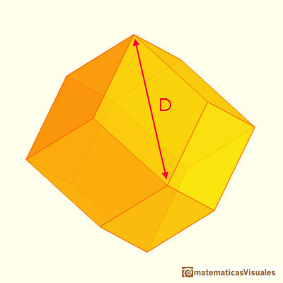 Rhombic dodecahedron with longer diagonal labelled.