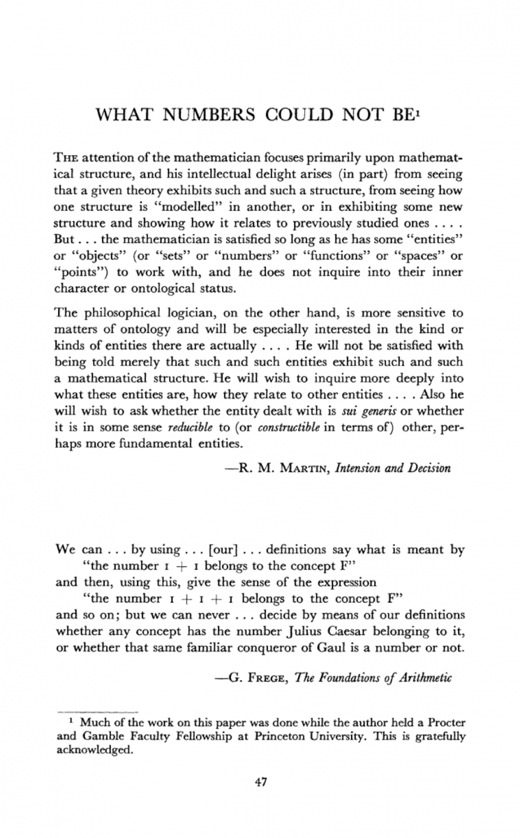 The first page of Paul Benacerraf's classic 1965 paper on the reality of numbers.