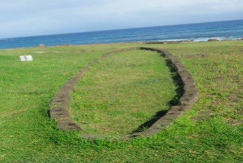 Foundation of hare paenga, Easter Island.