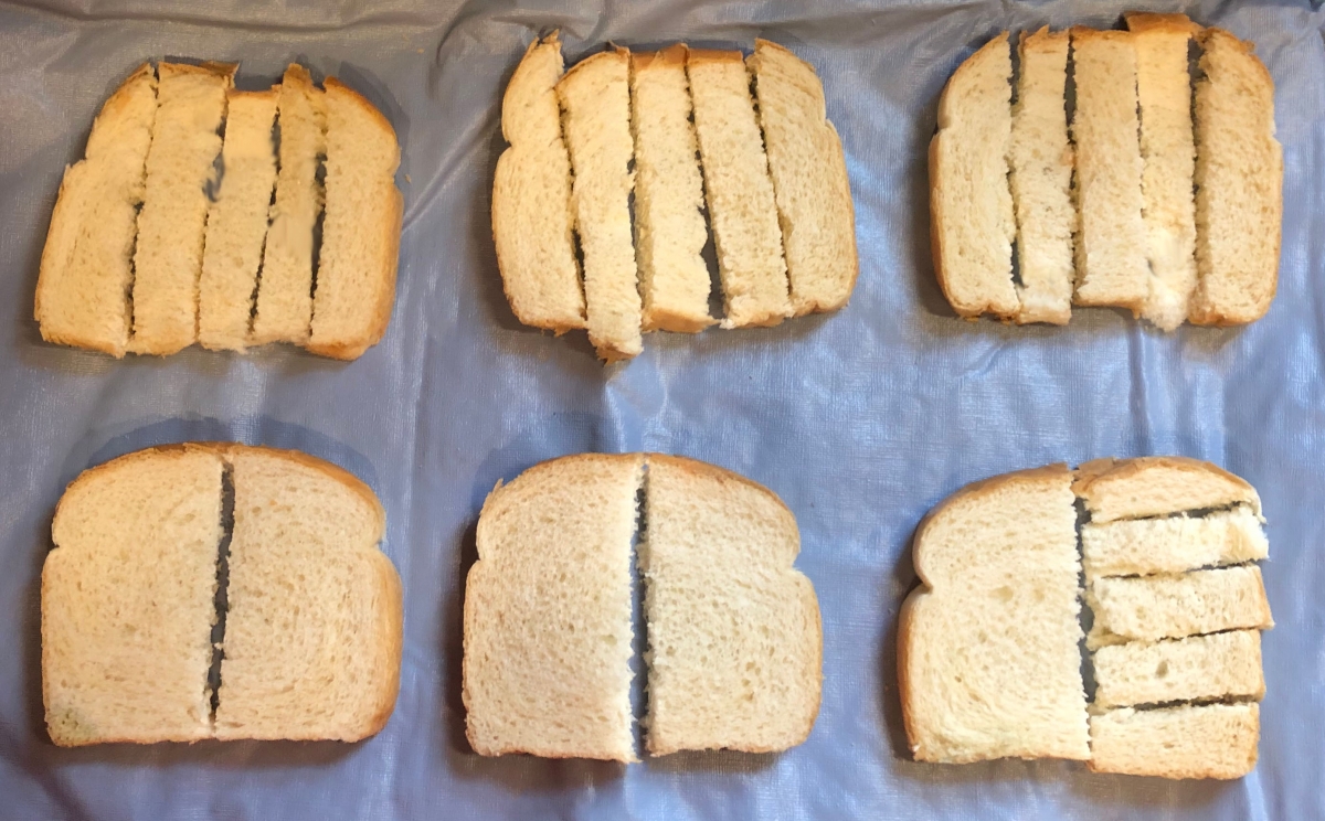 Dividing three slices of bread among five workers.