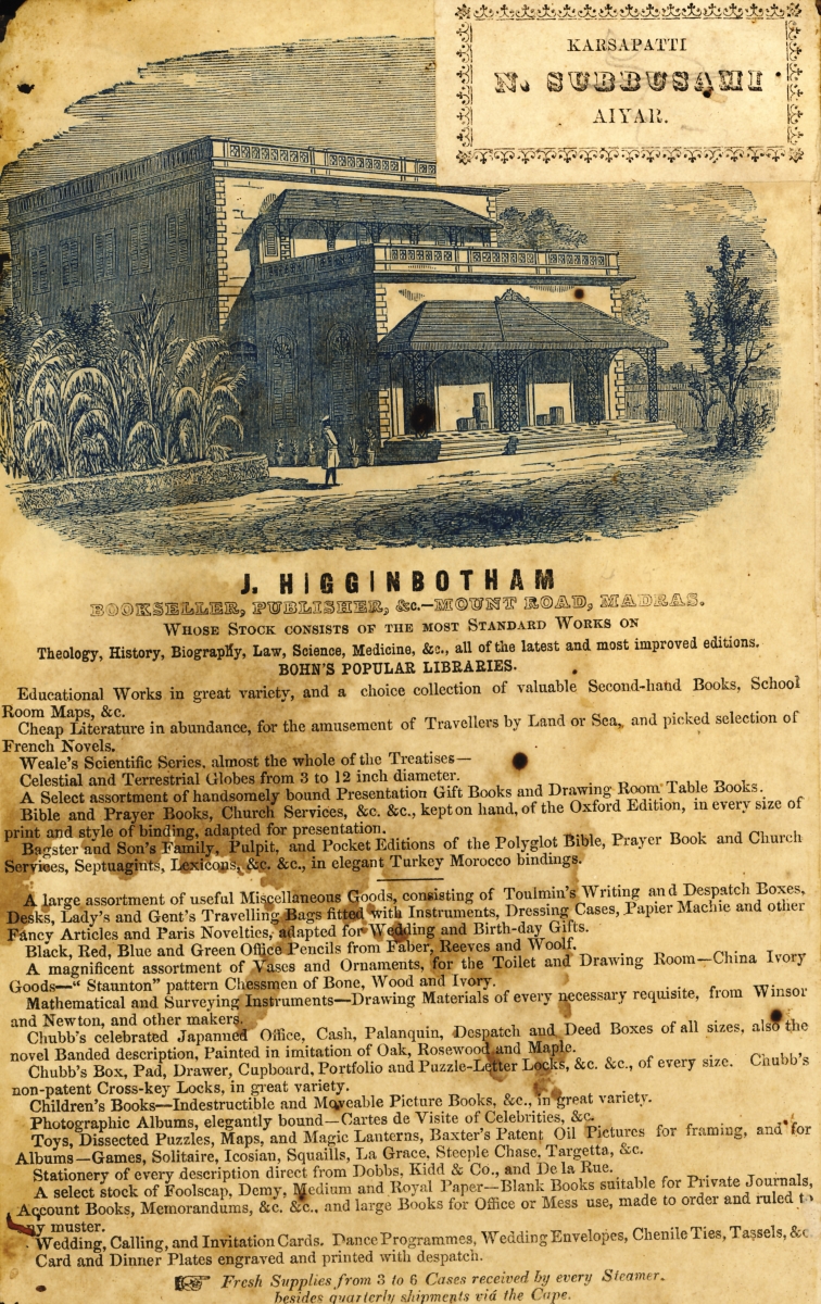 Advertisement for Higginbotham's in Madras, around 1890.