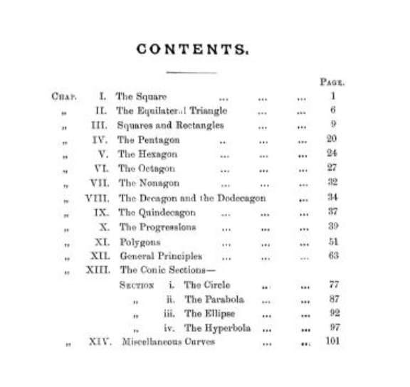 Table of contents for Sundara Rao's 1893 Geometrical Exercises in Paper Folding.