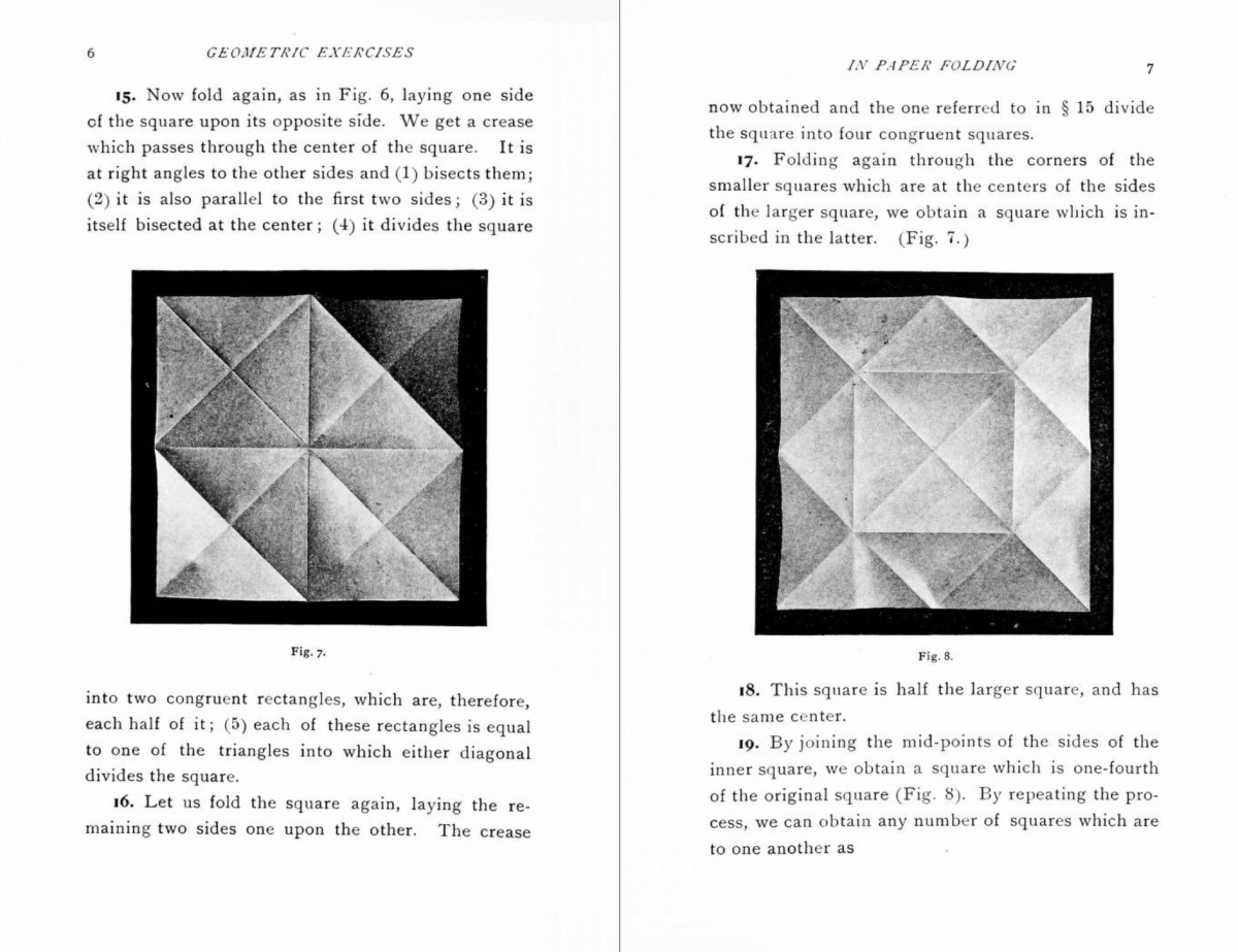 Pages 6-7 of Geometric Exercises in Paper Folding (1901).