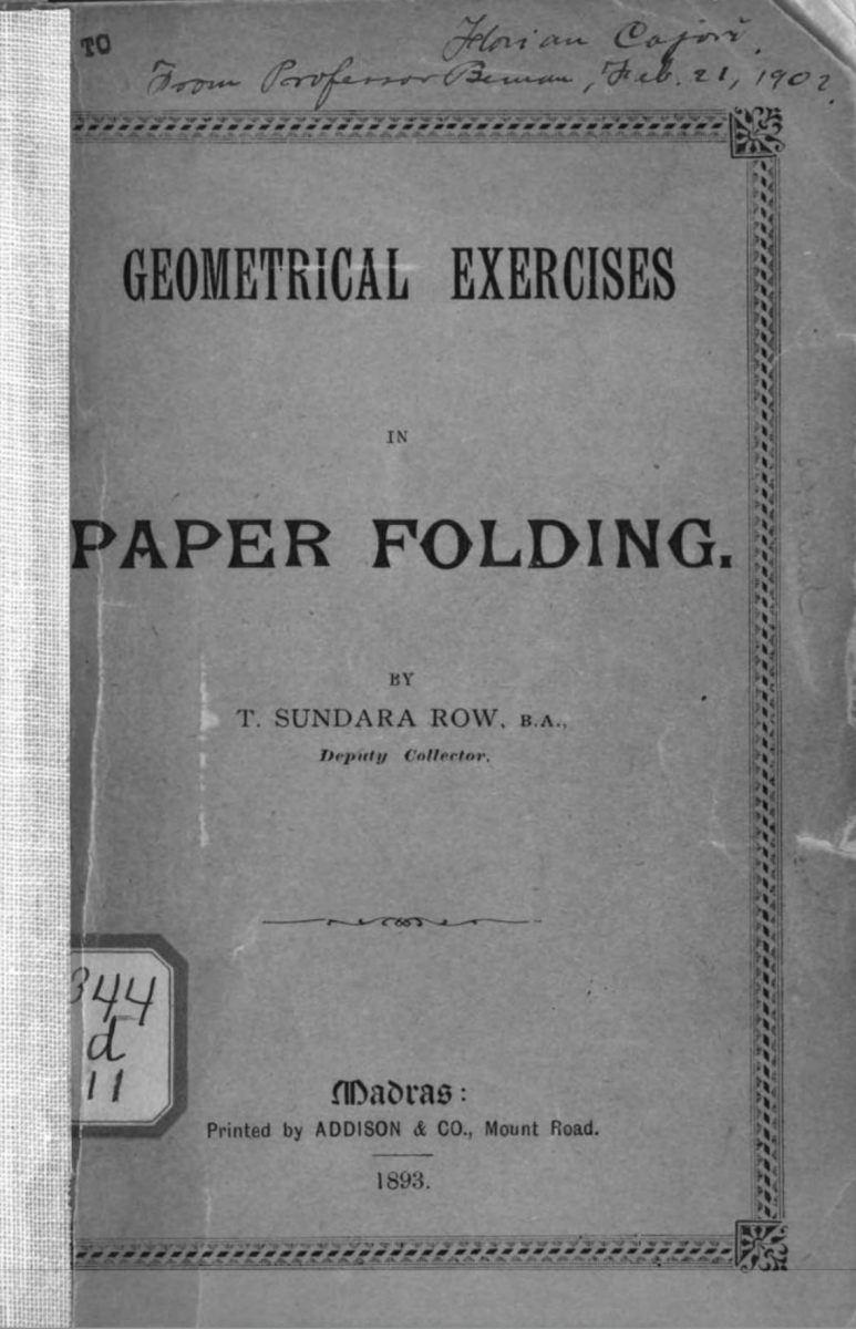 Title page of Geometrical Exercises in Paper Folding owned by Florian Cajori.