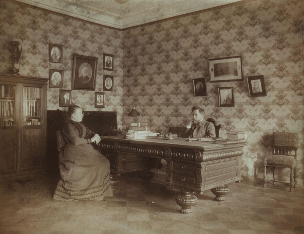 Andrei and Maria Markov in his home office, probably around 1905.