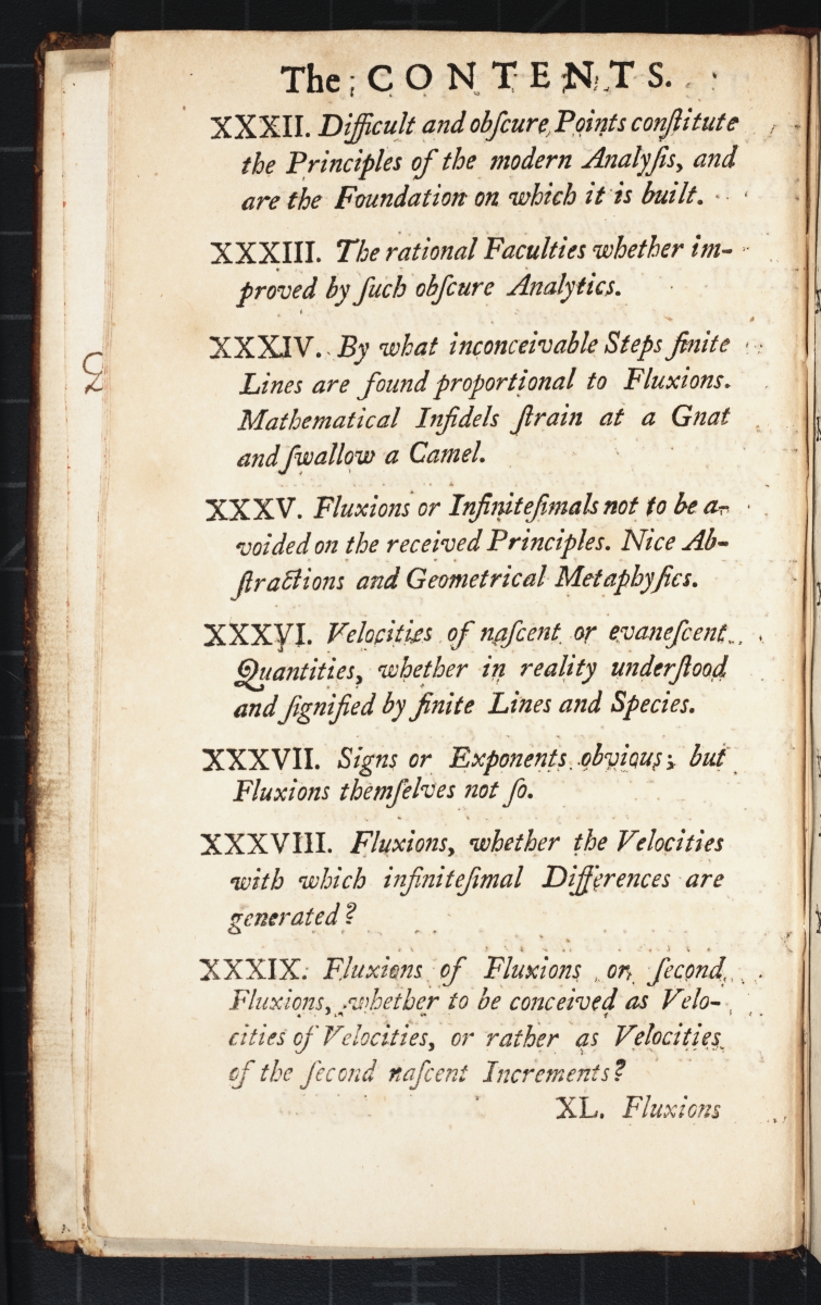 Excerpt from table of contents for Berkeley's 1734 Analyst.