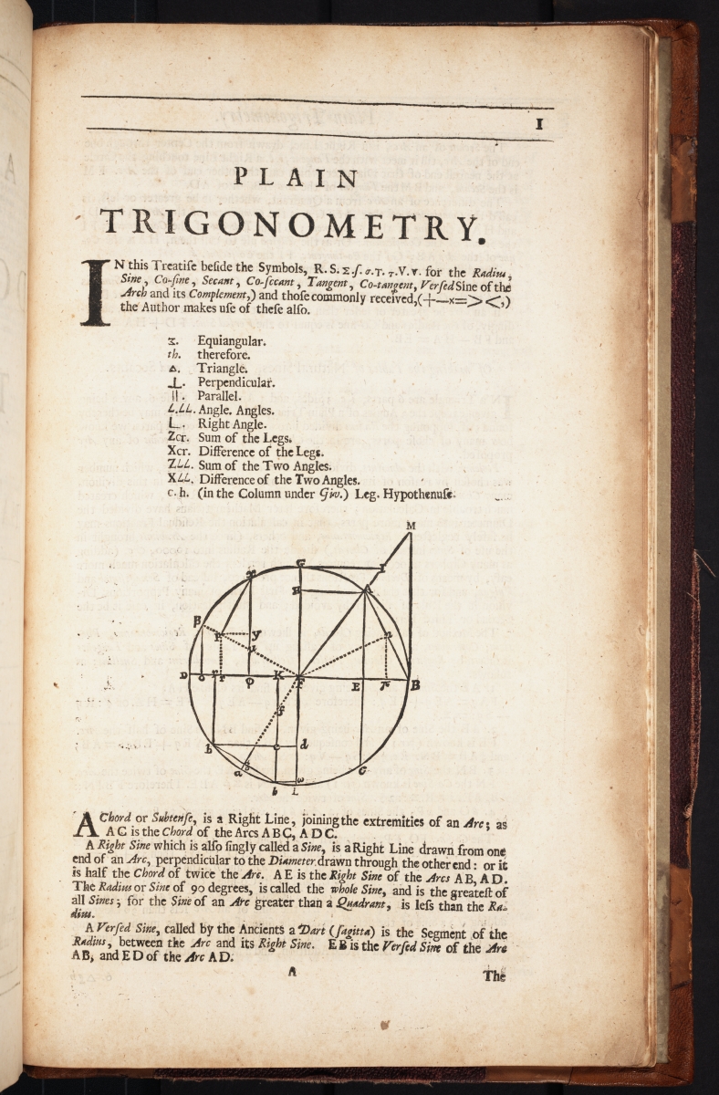 First page of John Caswell's 1685 trigonometry textbook.