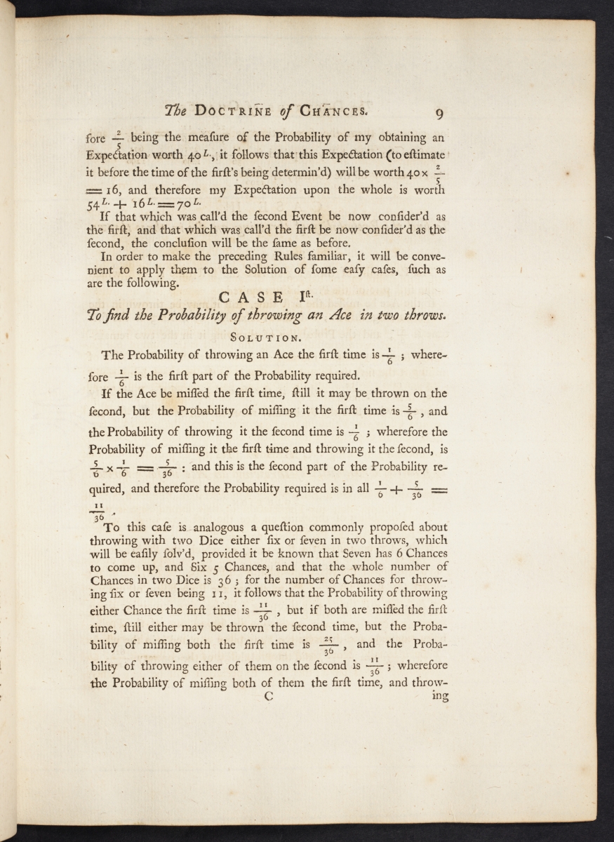 Page 9 of a 1738 edition of de Moivre's Doctrine of Chances.