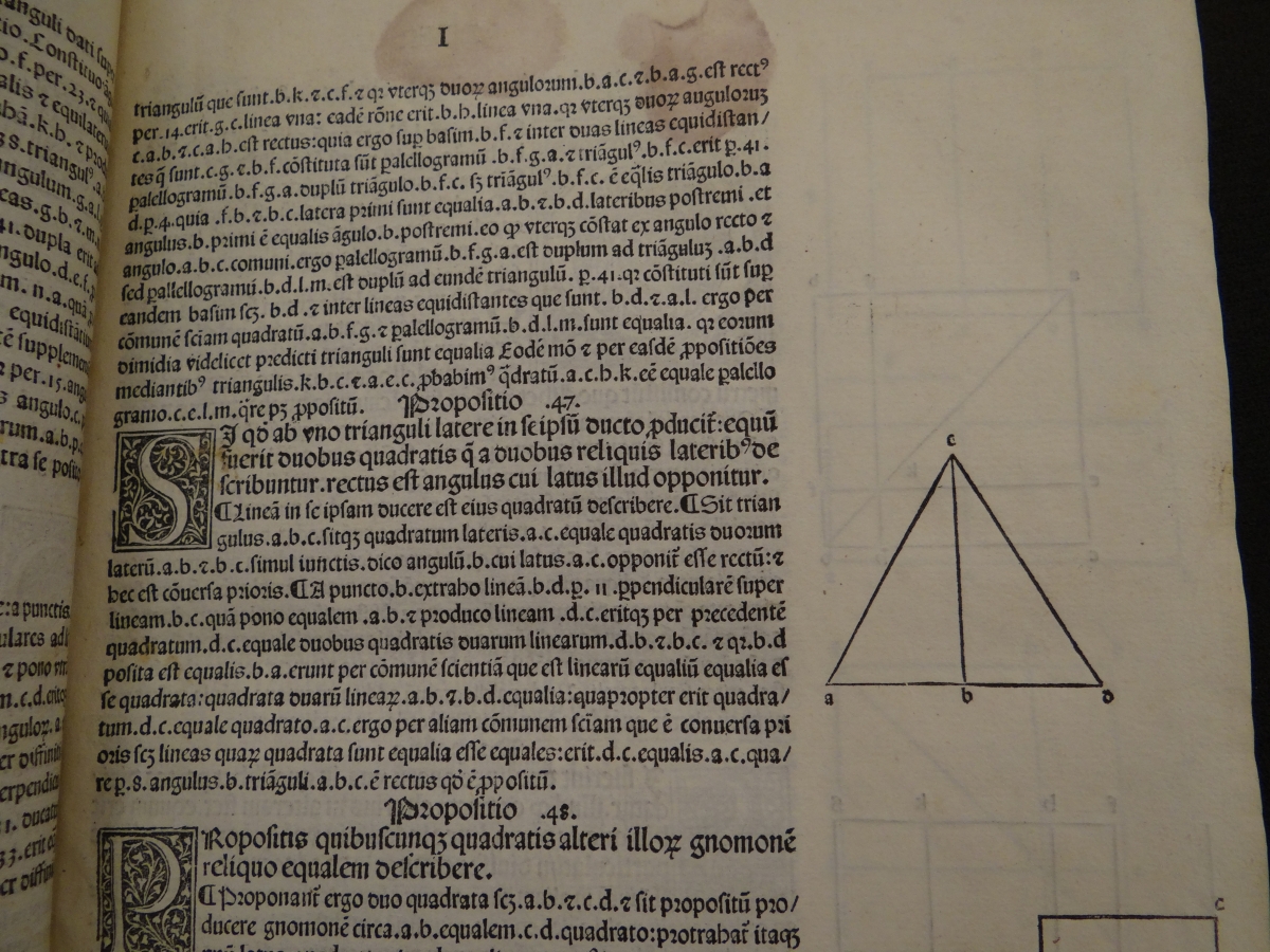 Proof of Pythagorean Theorem in 1482 printing of Euclid's Elements.