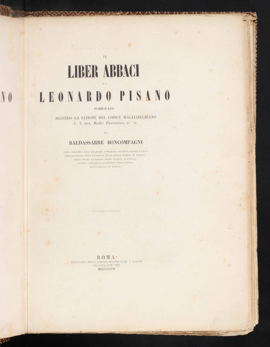 Title page from 1857 printing of Fibonacci's Liber abaci.