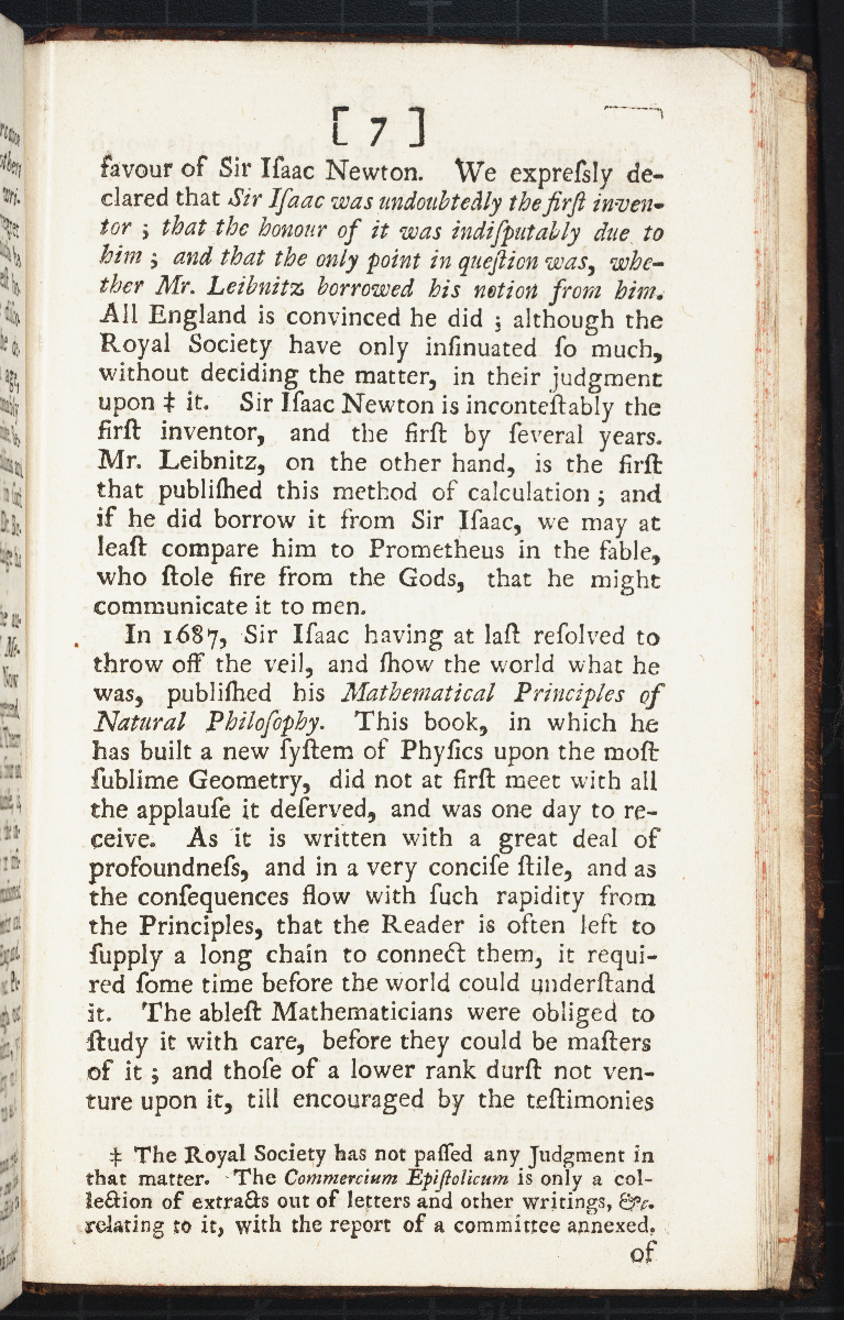 Page 7 of Fontenelle's 1728 Panegyric upon Sir Isaac Newton.