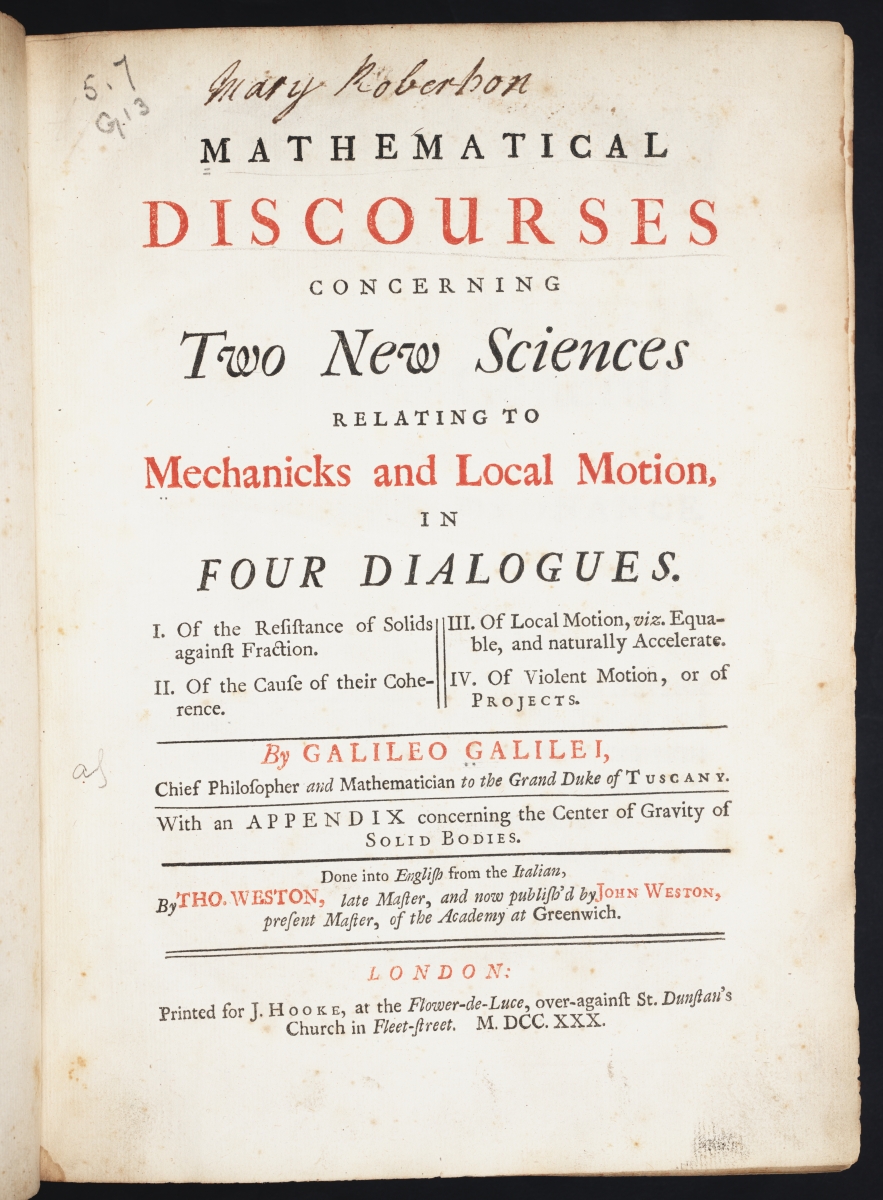 Title page of 1730 English translation of Galileo's Two New Sciences.
