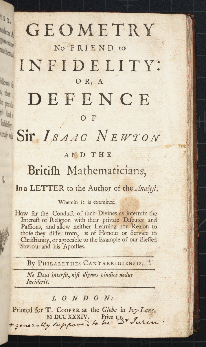 Title page of Jurin's 1734 defense of Isaac Newton.