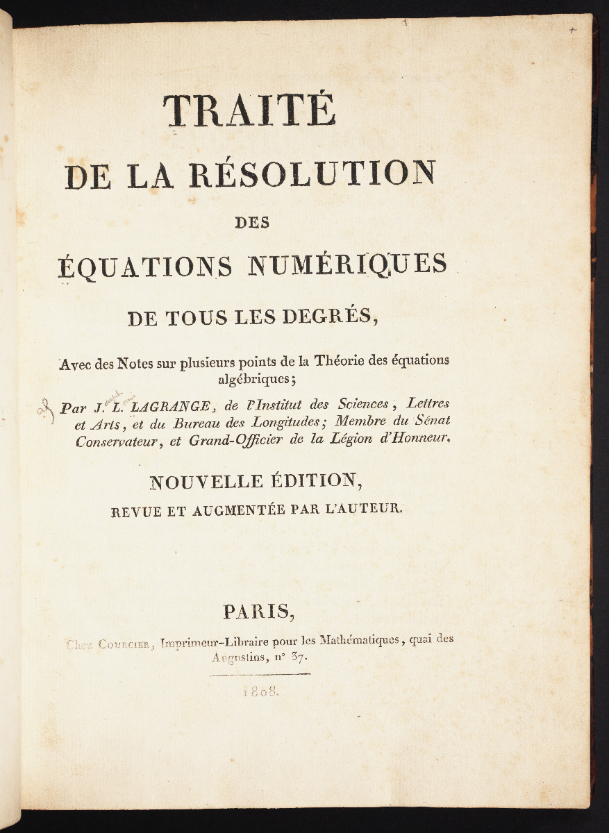 Title page from 1808 edition of Lagrange’s Traité de la Résolution des Equations Numérique