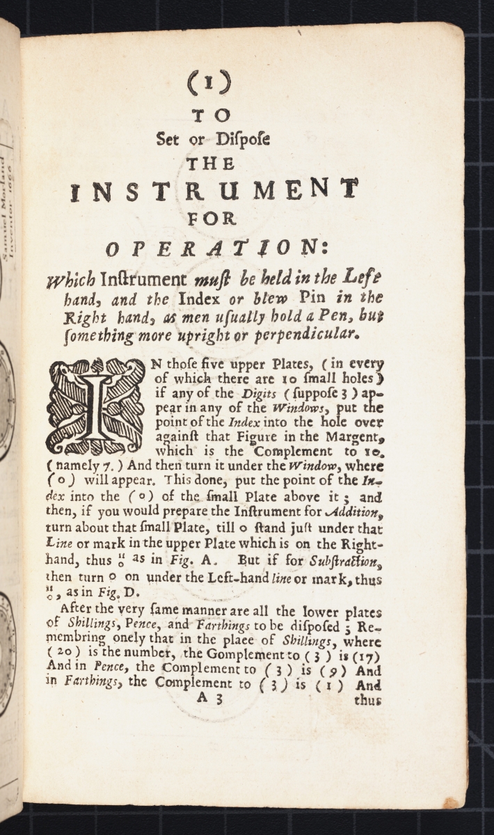 First page of instructions from Samuel Morland's 1673 The Description and Use of Two Arithmetick Instruments.