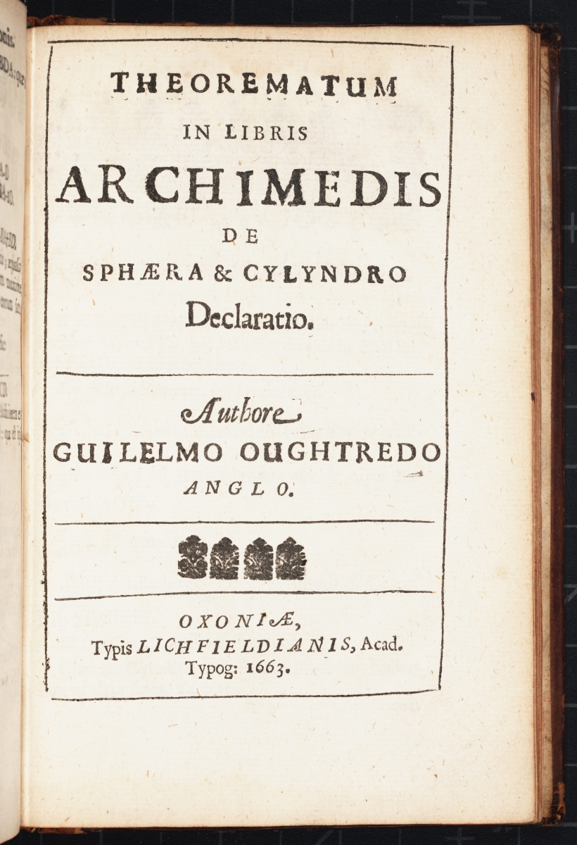 Title page of William Oughtred's 1663 Theorematum in Libris Archimedis.