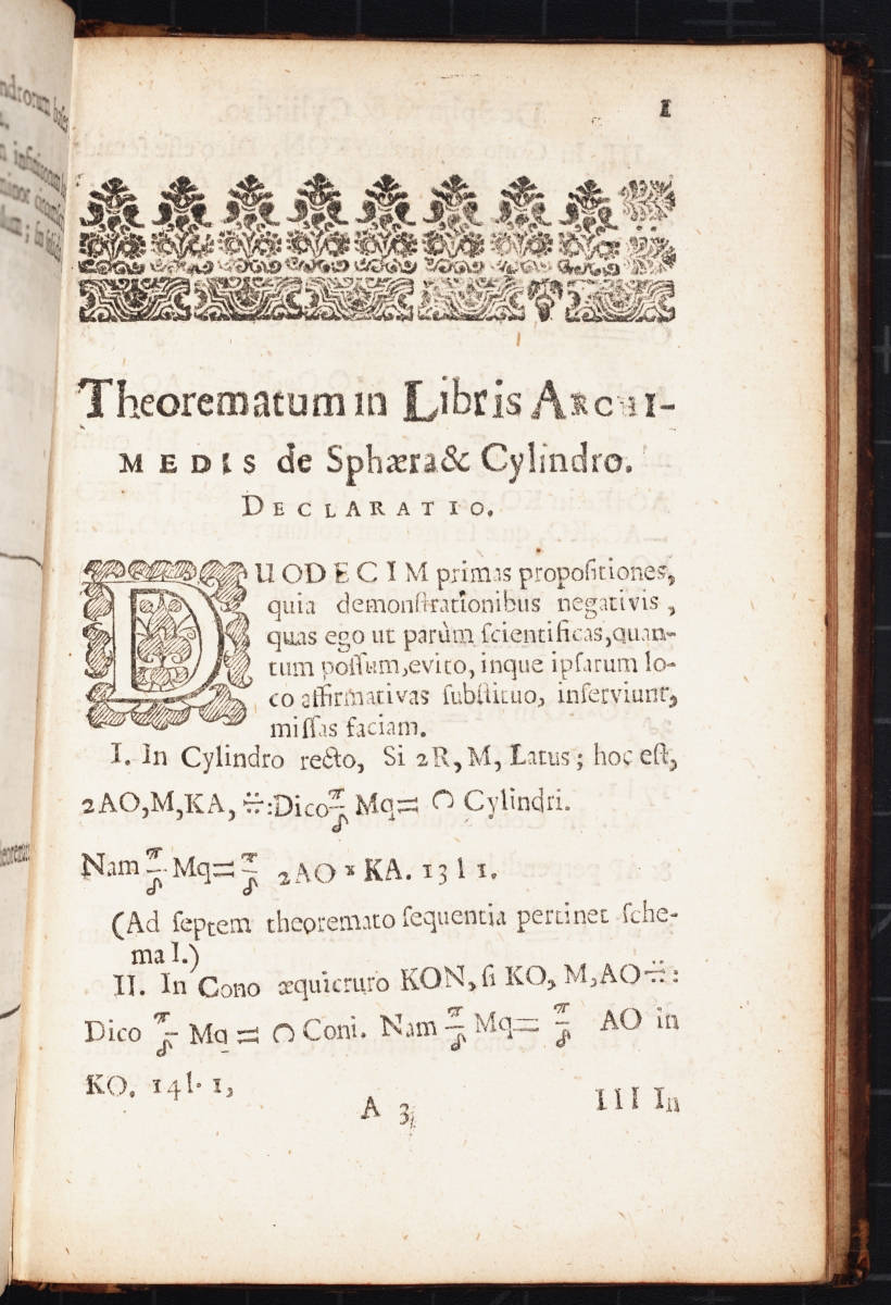 Early page from William Oughtred's 1663 Theorematum in Libris Archimedis.