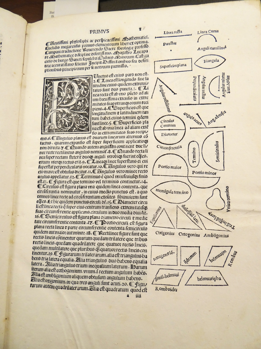 Book I, definitions, in Pacioli's 1509 Euclid.