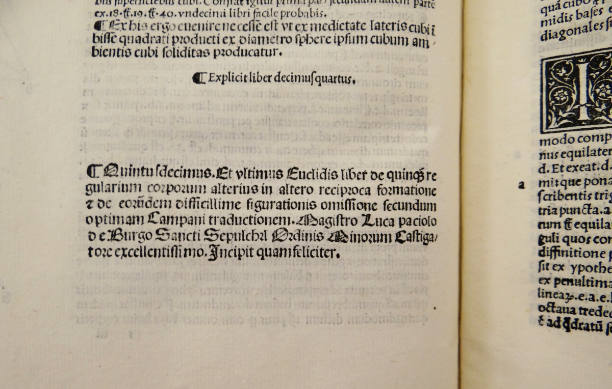 End of Book XIV and beginning of Book XV in Pacioli's Euclid.
