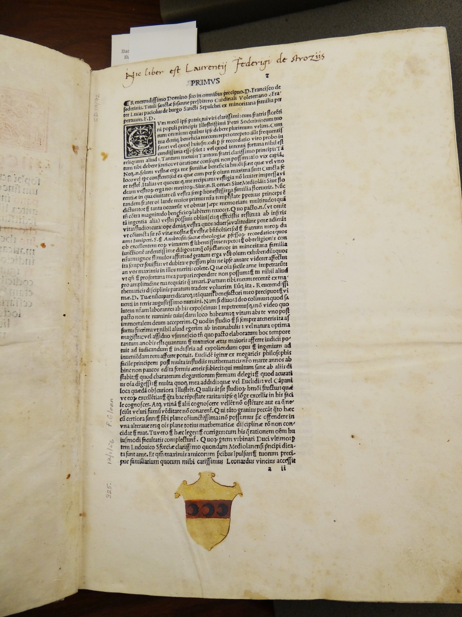 Provenance information in Linda Hall Library copy of Pacioli's Euclid.