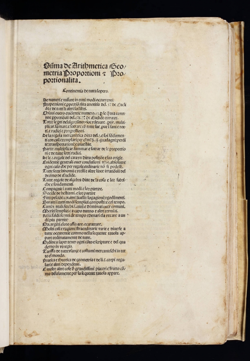 Title page of Luca Pacioli's 1492 Sūma de Arithmetica Geometria Proportioni & Proportionalita.
