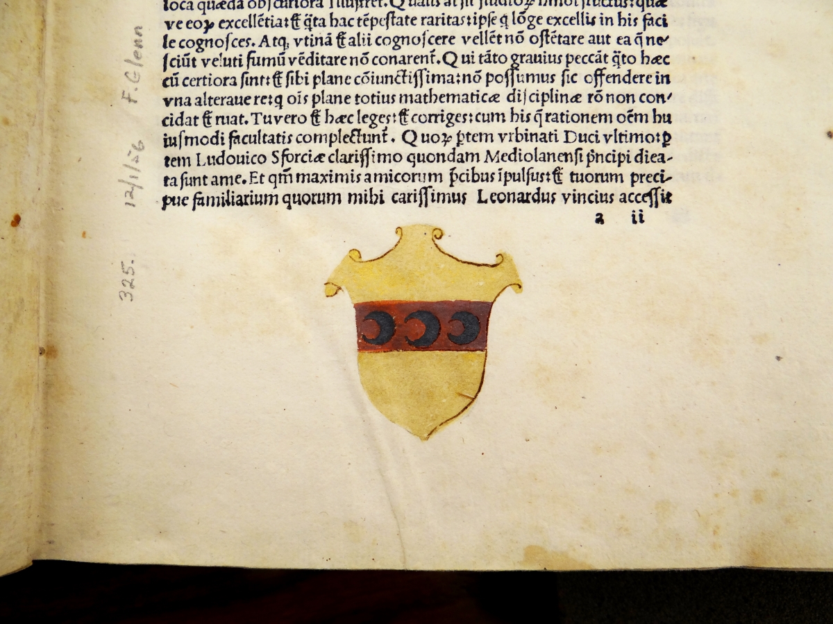 Detail of Strozzi family crest in Pacioli's Euclid.