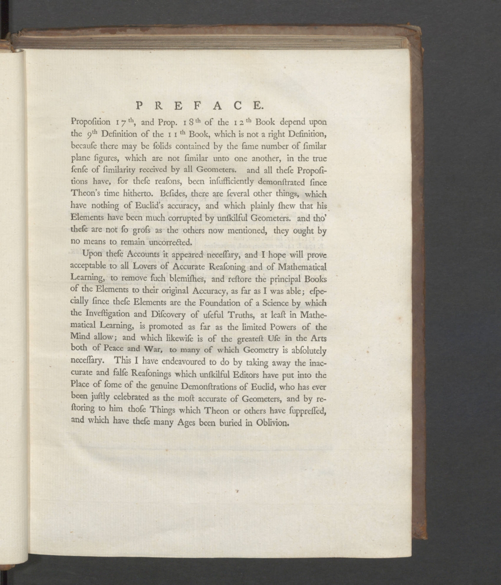 Part of the preface of Robert Simson's 1756 The Elements of Euclid.