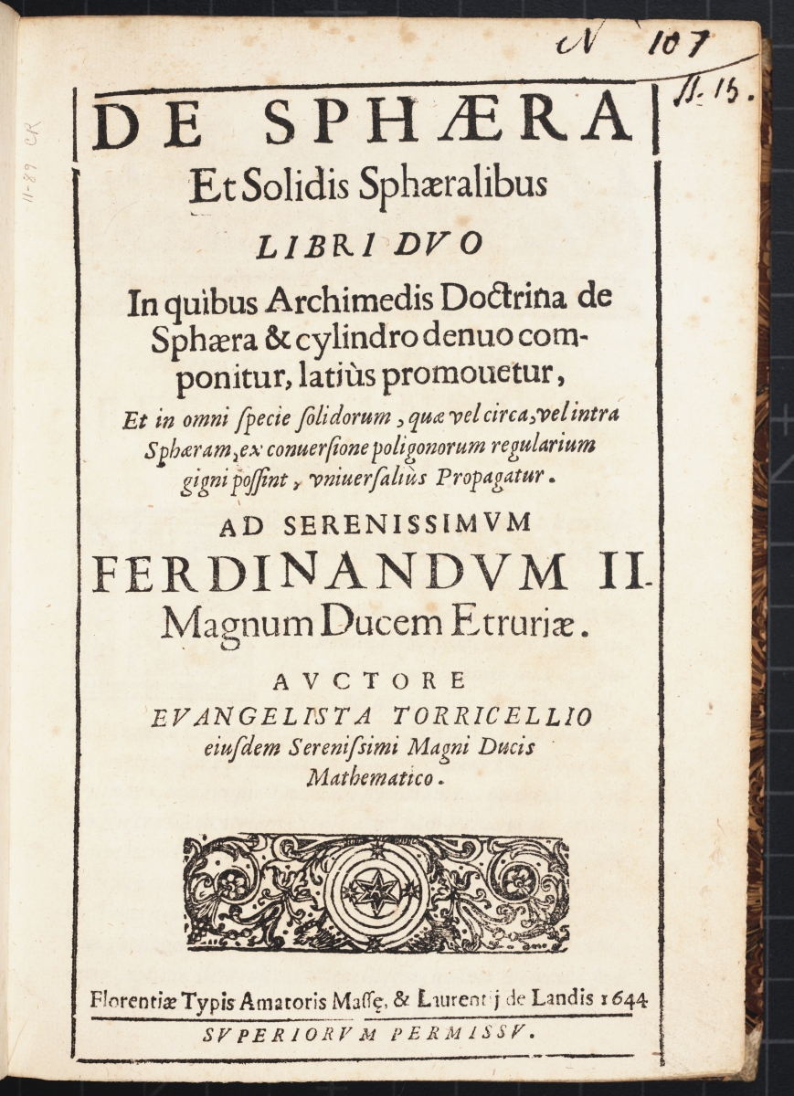 Section title page for spherical geometry in Torricelli's Opera Geometrica.