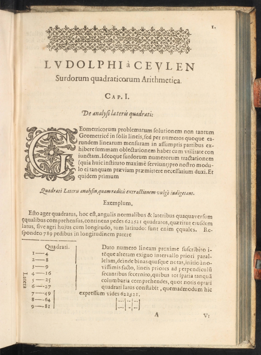 Page 1 from Van Ceulen's 1619 Surdorum quadraticorum arithmetica.