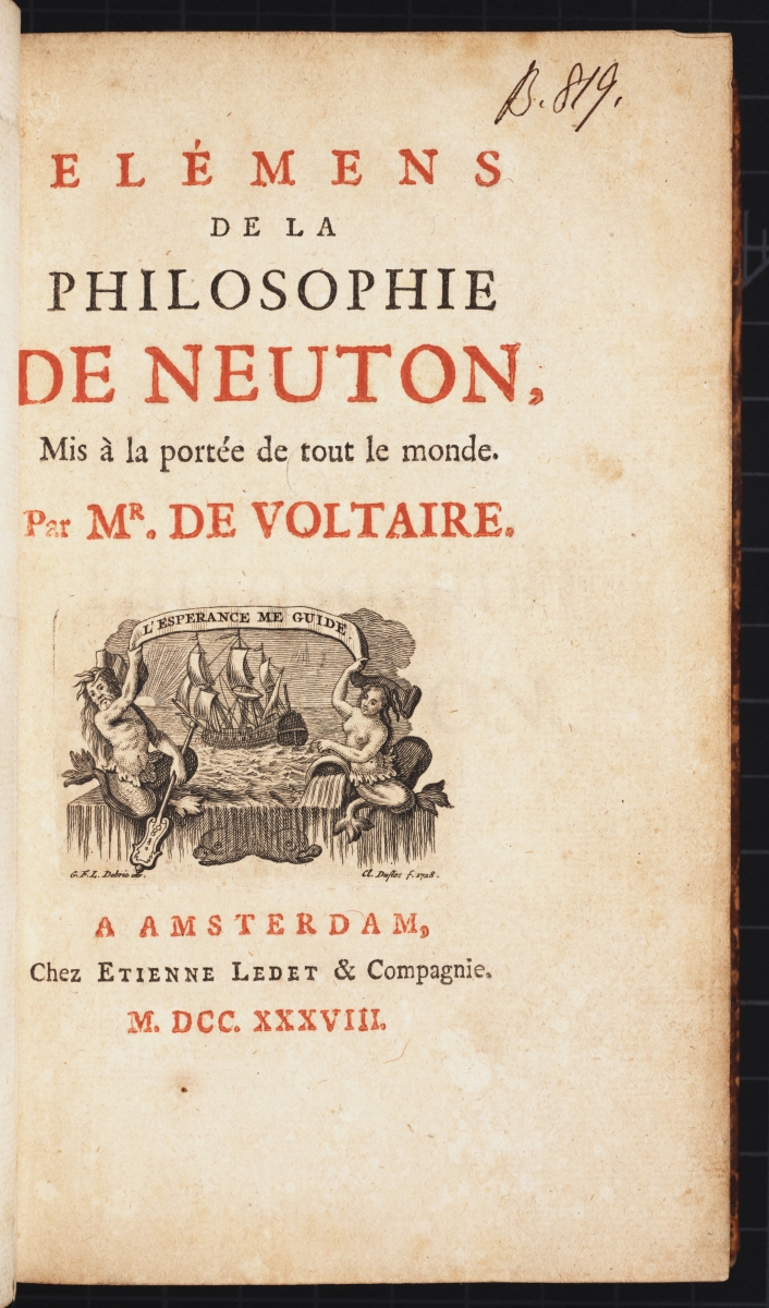 Title page for Voltaire’s 1738 Élémens de la philosophie de Neuton