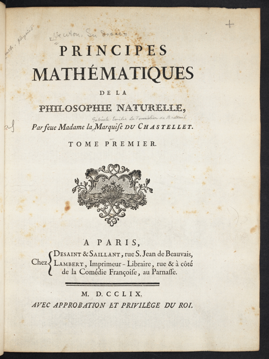 Title page of Emilie du Chatelet's 1749 translation of Newton's Principia.