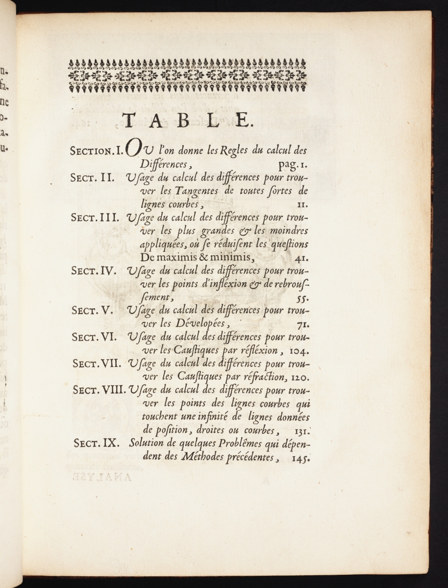 Table of contents for l'Hospital's 1696 calculus textbook.