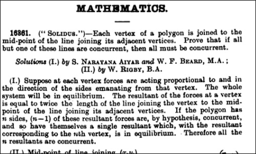 Narayana Aiyar's solution of a mathematics problem.